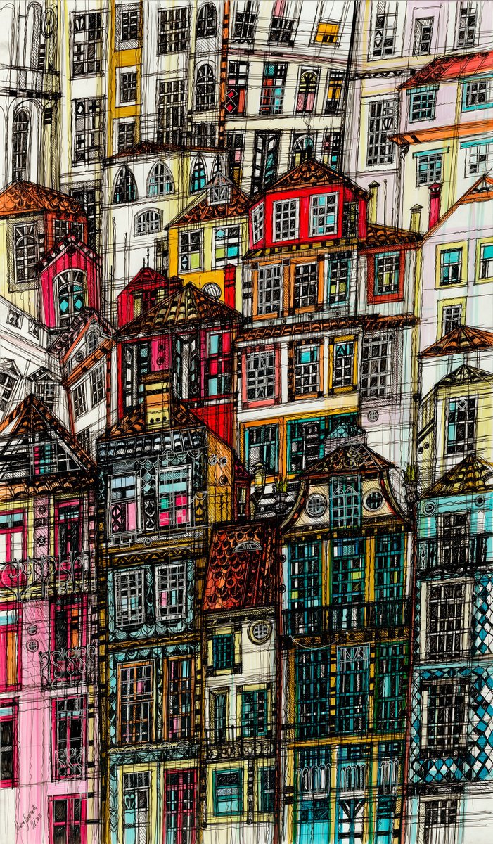 Impressionistic Cityscapes Drawing By Maria Susarenko, 20 X 31", Porto, Original Artwork
