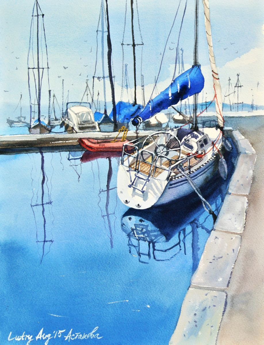 Impressionistic Landscape Watercolour By Ksenia Astakhova, 12 X 16", A Boat In Lutry, Original Artwork