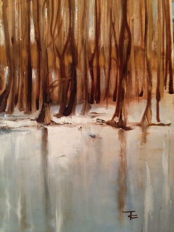 Winter lake reflection- original oil painting - 40 x 60 cm ( 16 x 24 Inches)