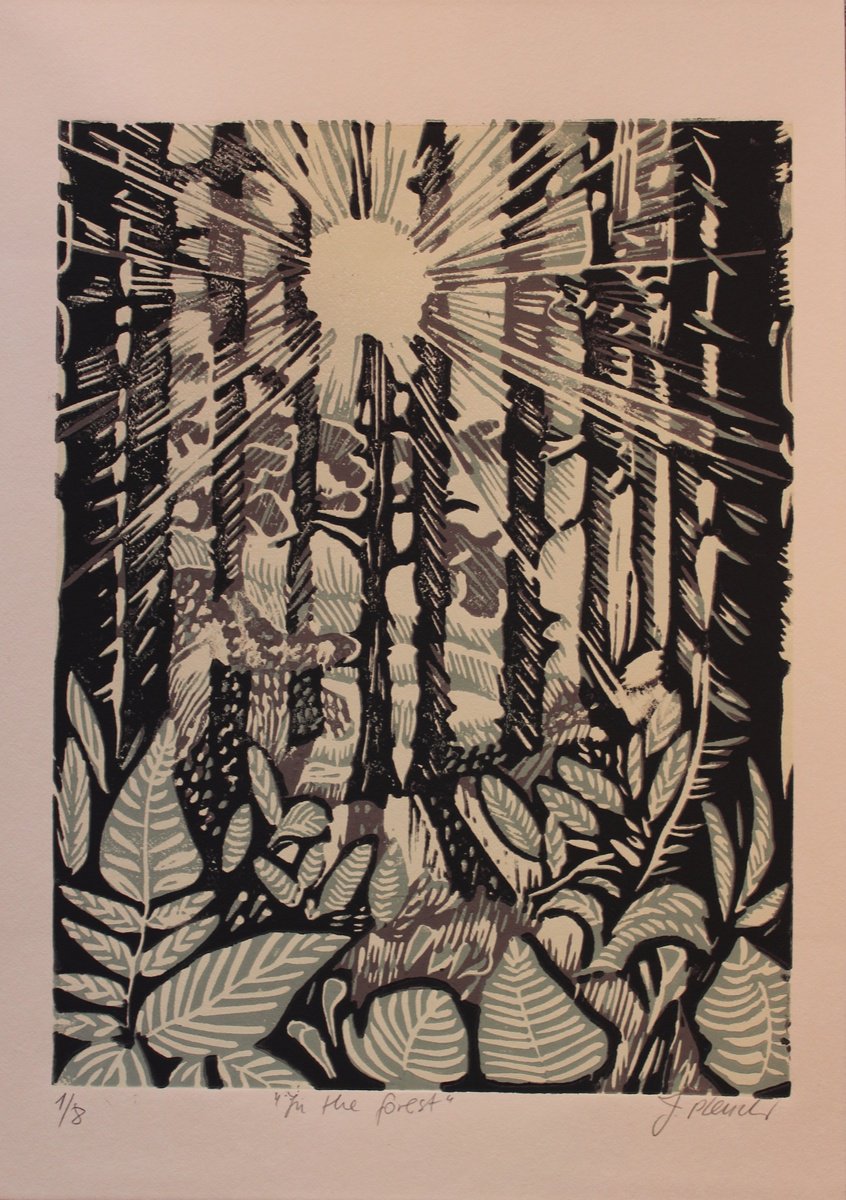 Graphic Landscape Linocut By Joanna Plenzler, 8 X 12, In The Forest, Original Artwork
