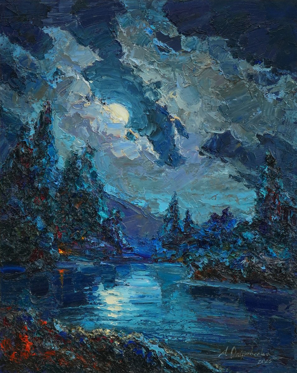 Impressionistic Landscape Oil Painting By Alisa Onipchenko-Cherniakovska, 16 X 20, Night Tale, Original Artwork