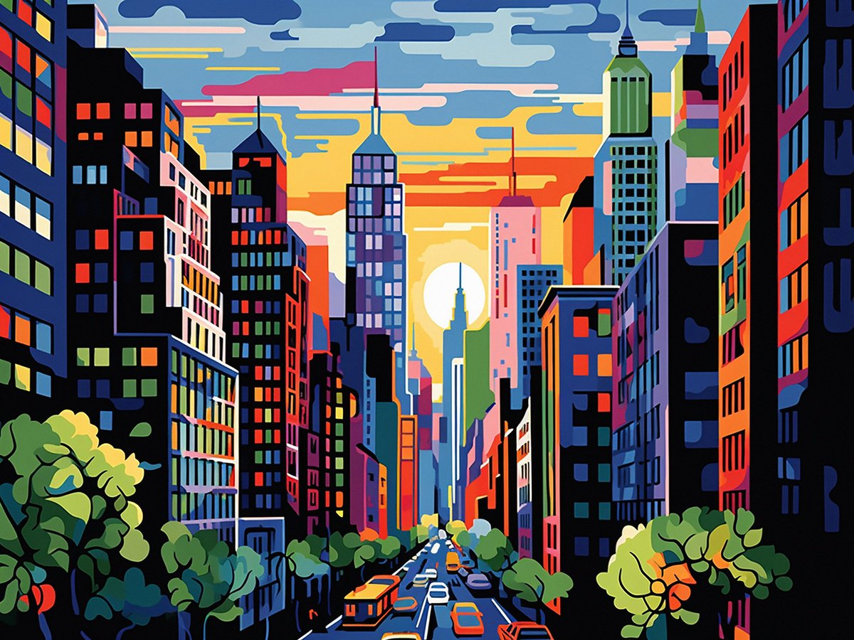 Illustrative Cityscapes Acrylic Painting By Kosta Morr, 31 X 24", Manhattan, Original Artwork