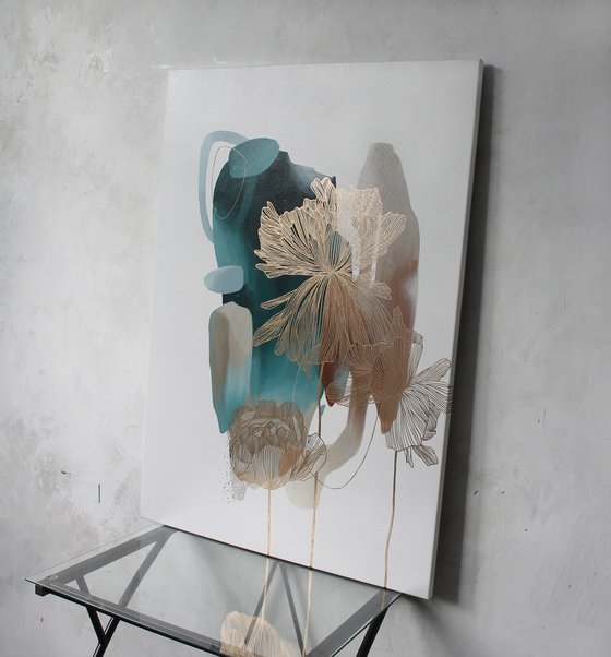 "Thincord 2" Abstract flower teal gold art