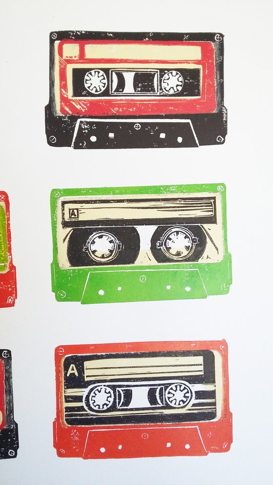 Linocut tapes #41 - framed and ready to hang (cassette tapes, retro music, 70's, 80's rock culture)