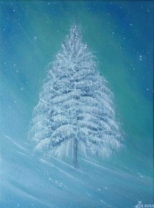 "Frozen". Frozen tree/ northern lights painting by Zoe Adams. by Zoe Adams