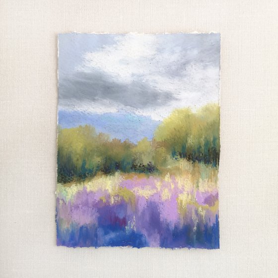 Landscape with lavender field, oil pastel painting