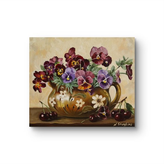 Pansies in Rustic Jug with Cherries