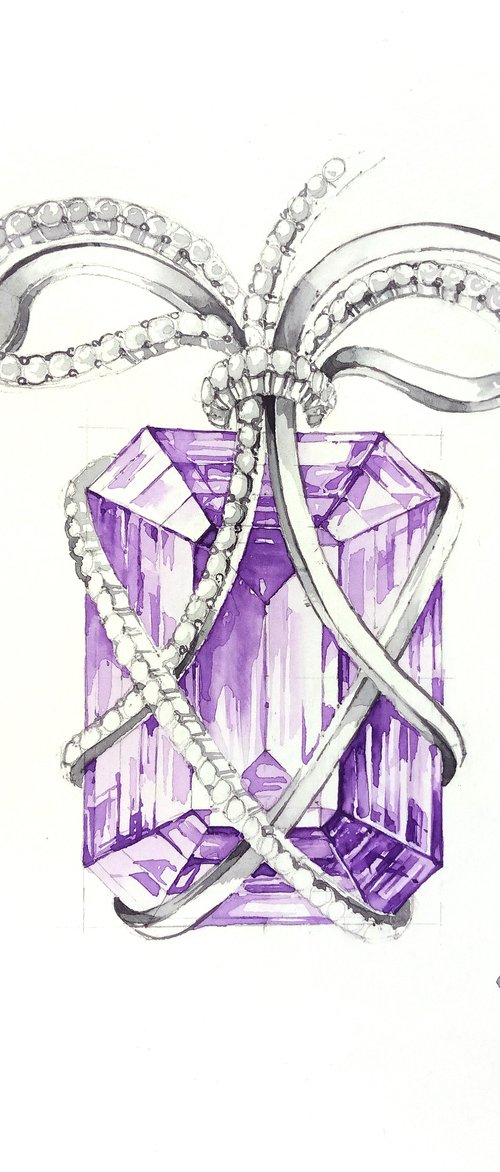 Jewelry watercolor sketch "Necklace with faceted amethyst stone" by Ksenia Selianko