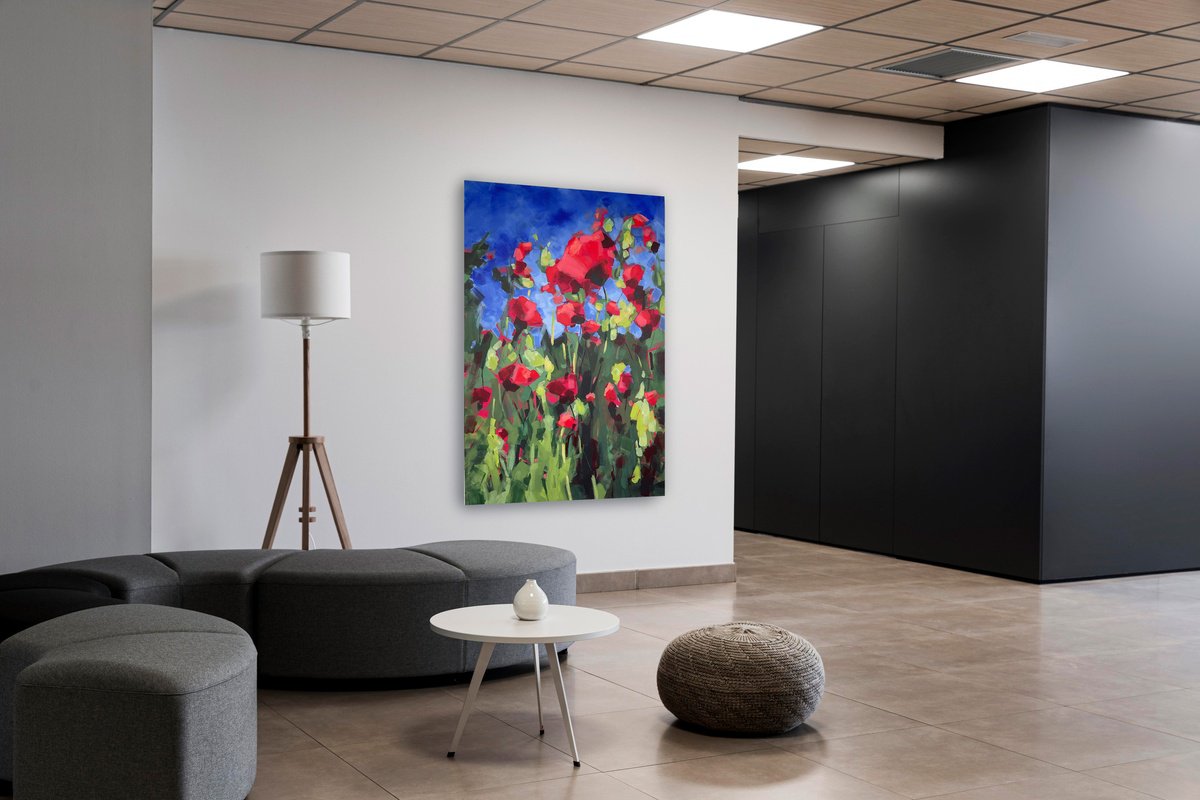 Impressionistic Botanical Acrylic Painting By Volha Belevets, 31 X 47", Red Poppies 001, Original Artwork