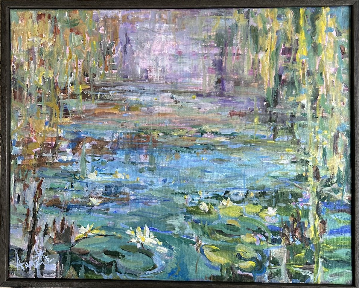 Impressionistic Botanical Acrylic Painting By Annette Wolters, 21 X 17, Tranquility, Original Artwork