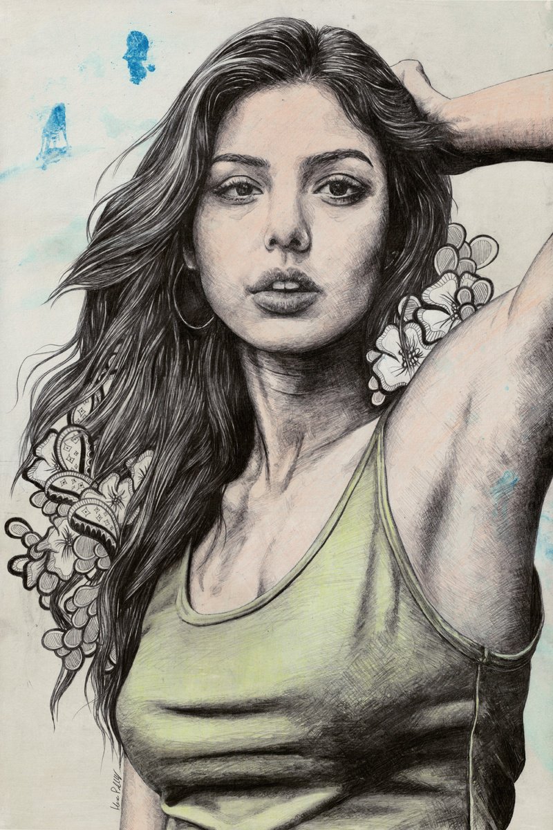 Expressive Portrait Pencil Drawing By Marco Paludet, 16 X 24", Constant In Opal, Original Artwork