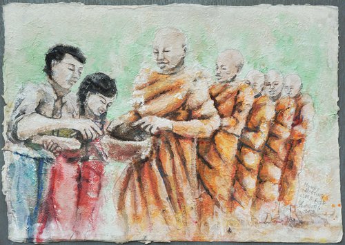 Monks collecting alms food by Gordon T.