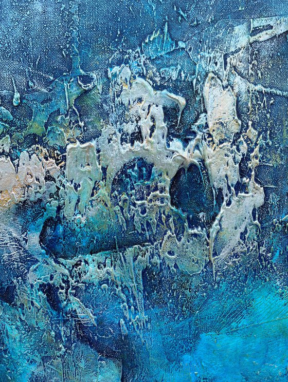 Large Blue Abstract Seascape Textured Painting Blue, Silver, Gold. Modern Art with Heavy Texture. Abstract Landscape Contemporary Artwork for Livingroom or Bedroom