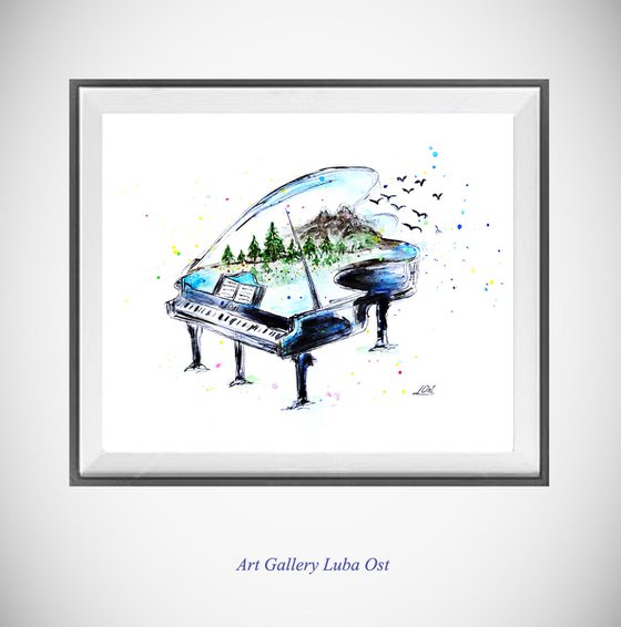 Piano with mountains