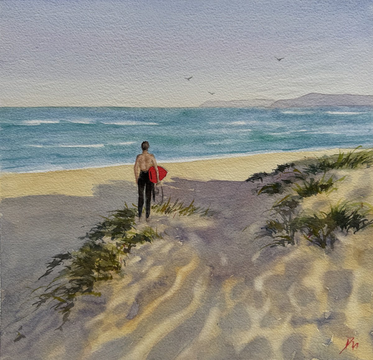 Impressionistic Landscape Watercolour By Shelly Du, 12 X 12", Winter Surfing, Original Artwork