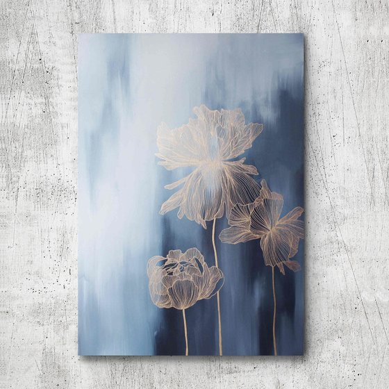 "Thinness 3" Navy gold flower abstract art