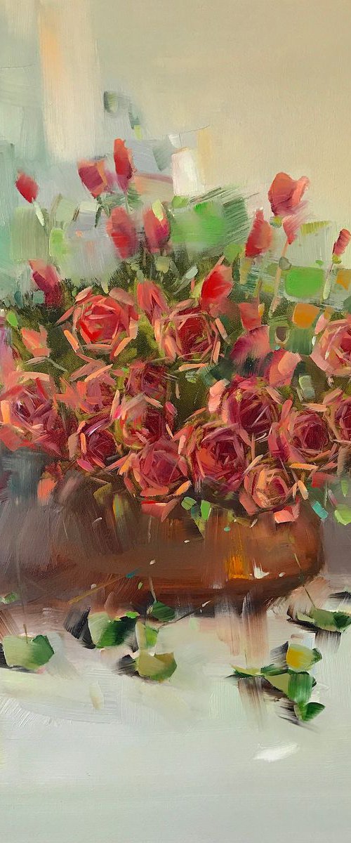 Vase of Roses, Oil painting, One of a kind, Signed, Handmade artwork by Vahe Yeremyan
