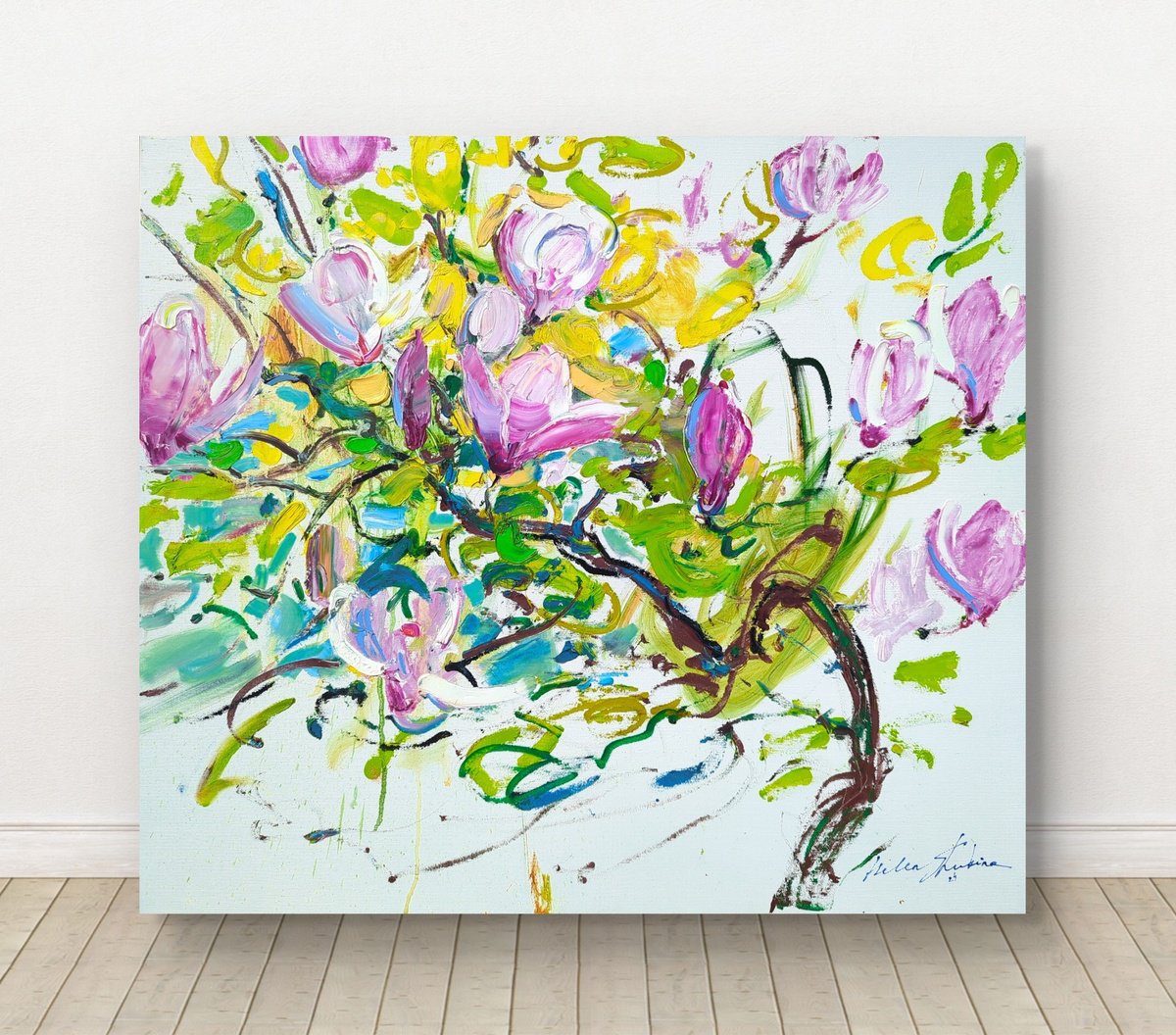 Expressive Botanical Oil Painting By Helen Shukina, 31 X 28, Magnolia On White, Original Artwork