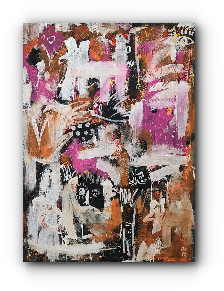 Expressive Animal Acrylic Painting By Angel Rivas, 59 X 82, Mad Nature, Original Artwork