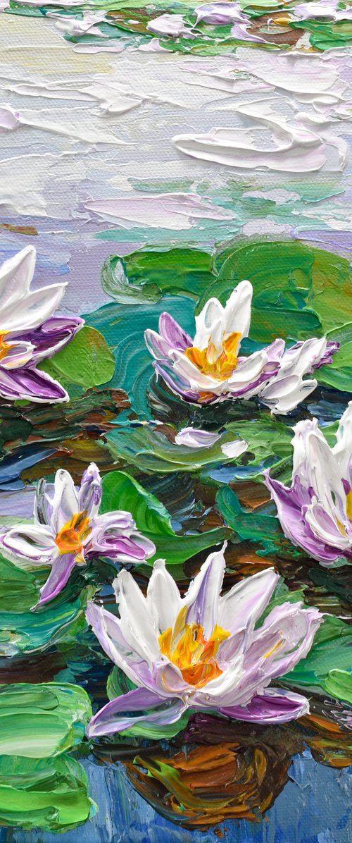Water Lilies Pond - Impasto Floral Art, Palette Knife Painting by Olga Tkachyk