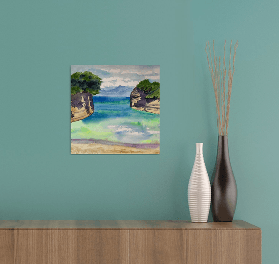 Beach Wall Art, Ocean Painting, Sea Original Watercolor Painting, Greece Landscape Art