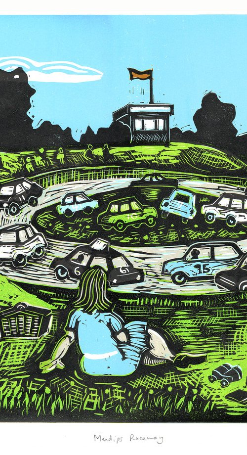 Stock car racing linocut by Fiona Horan