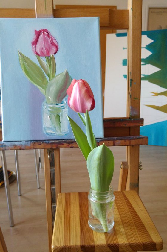 Pink Tulip in a Glass Jar (25x30 cm/ 10x12 inches)