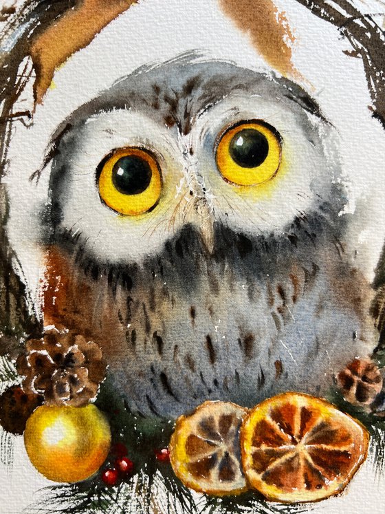 Owl and Christmas wreath #3