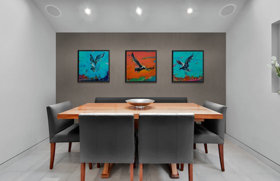 Huge bright triptych - "Sea ​​breeze" - Pop Art - Bird - Sea - Ocean - Seagull - Triptych - Sunset