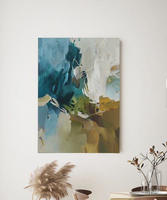 "Melody" Teal gray white abstract art