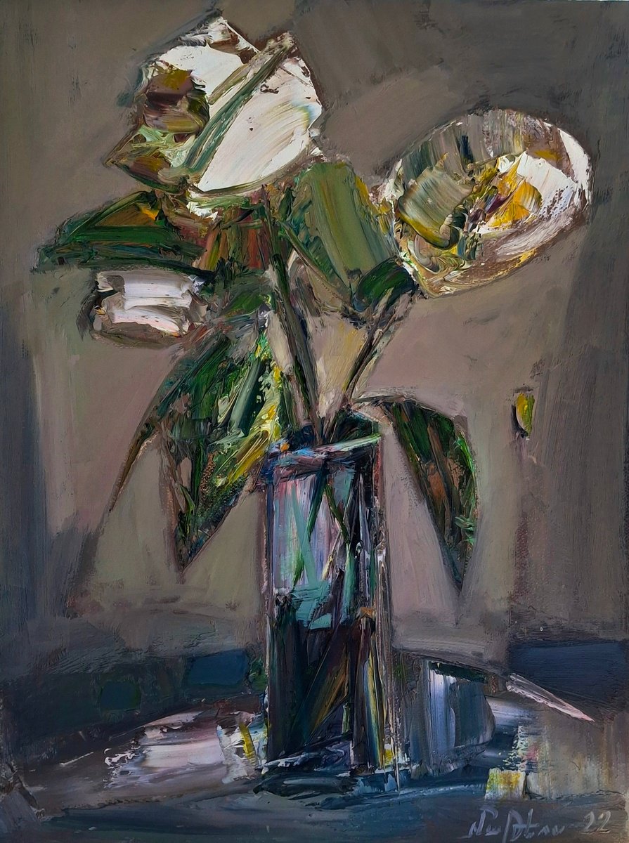 Abstract Botanical Oil Painting By Matevos Sargsyan, 12 X 16", White Flowers In Vase, Original Artwork