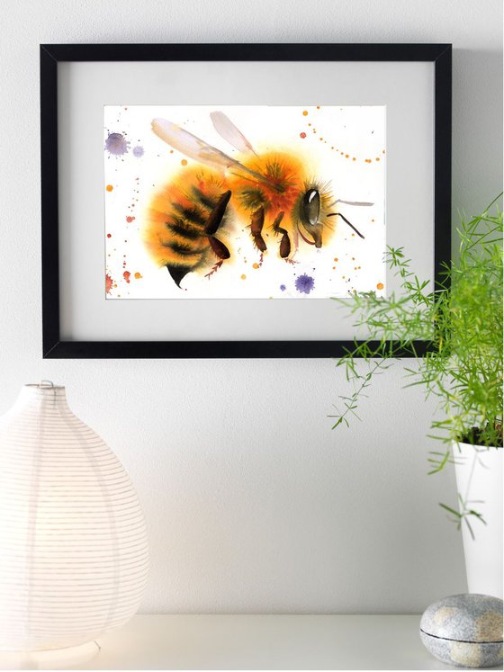 Bee #1 - Bee watercolor painting - Bumble Bee - Nature Illustration - Honey Bee - Flying bee - Lovely Bee - insect art