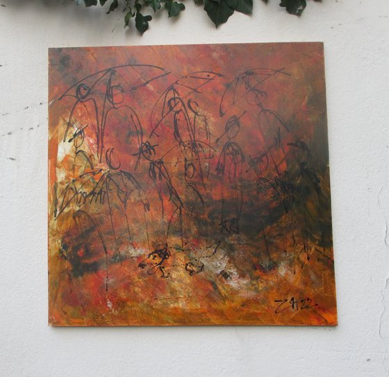 red harvest dogwalk oil on canvas 31,5 x 31,5 inch