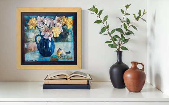 Daffodils in a blue vase