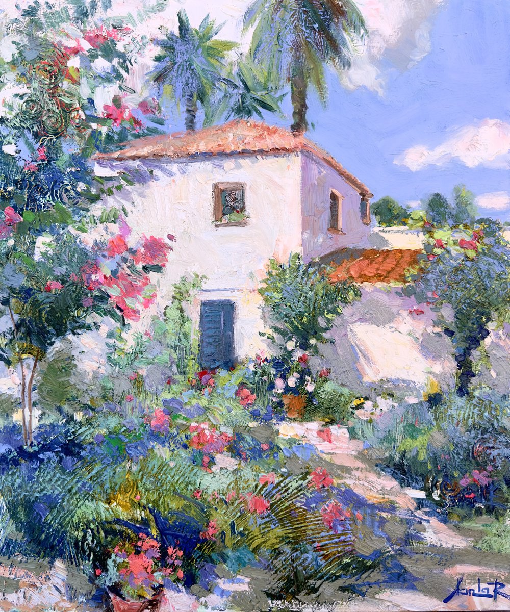 Landscape Oil Painting By Khanlar Asadullayev, 20 X 24", Mediterranean Garden, Original Artwork
