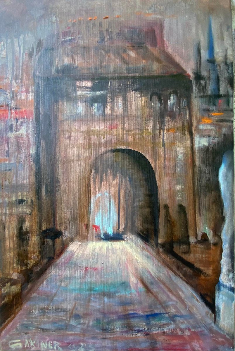 Expressive Cityscapes Oil Painting By Leo Baxiner, 16 X 24", Old City, Original Artwork