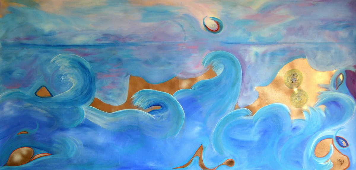 Abstract Acrylic Painting By Isabelle Vobmann, 77 X 38, Big Dancing Party On The Beach, Original Artwork