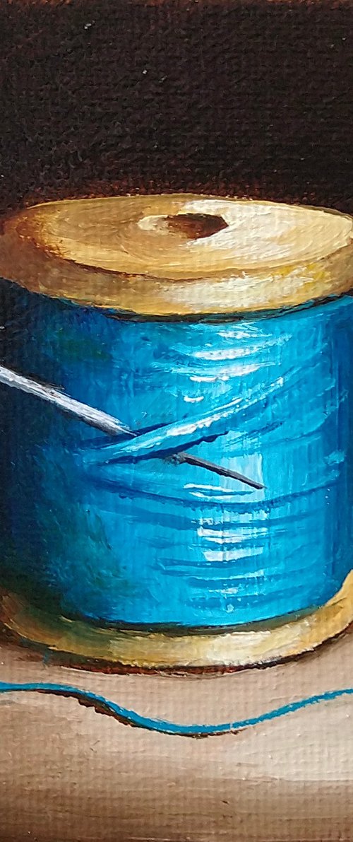 Little blue  cotton reel #2 still life by Jane Palmer Art