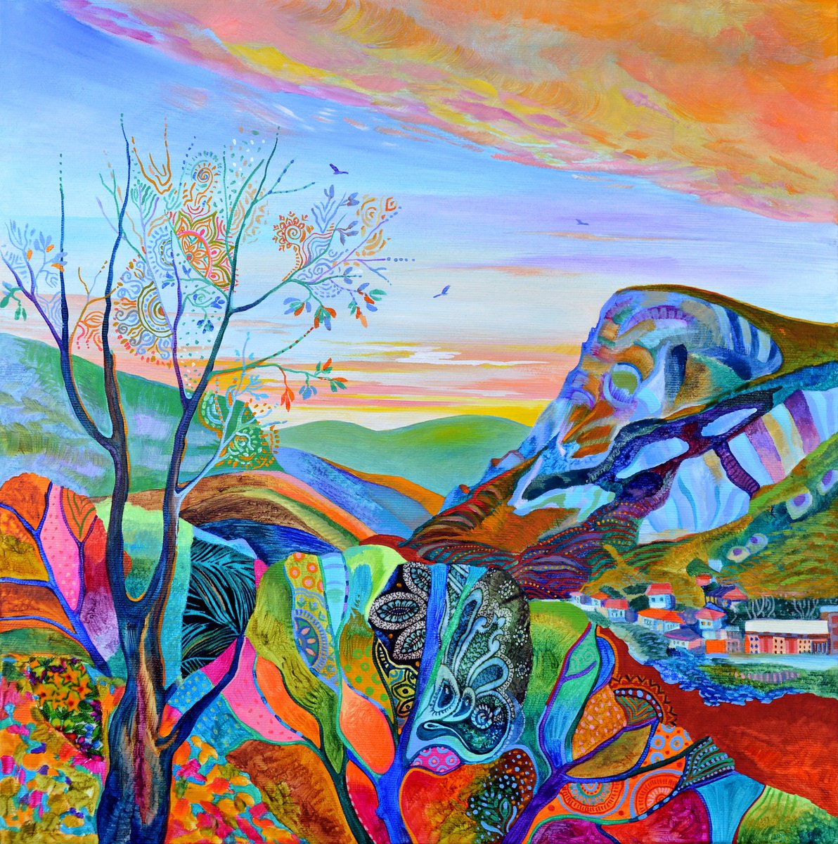 Urban And Pop Landscape Oil Painting By Silvia Pavlova, 16 X 16", "Tales Of Tree", Original Artwork