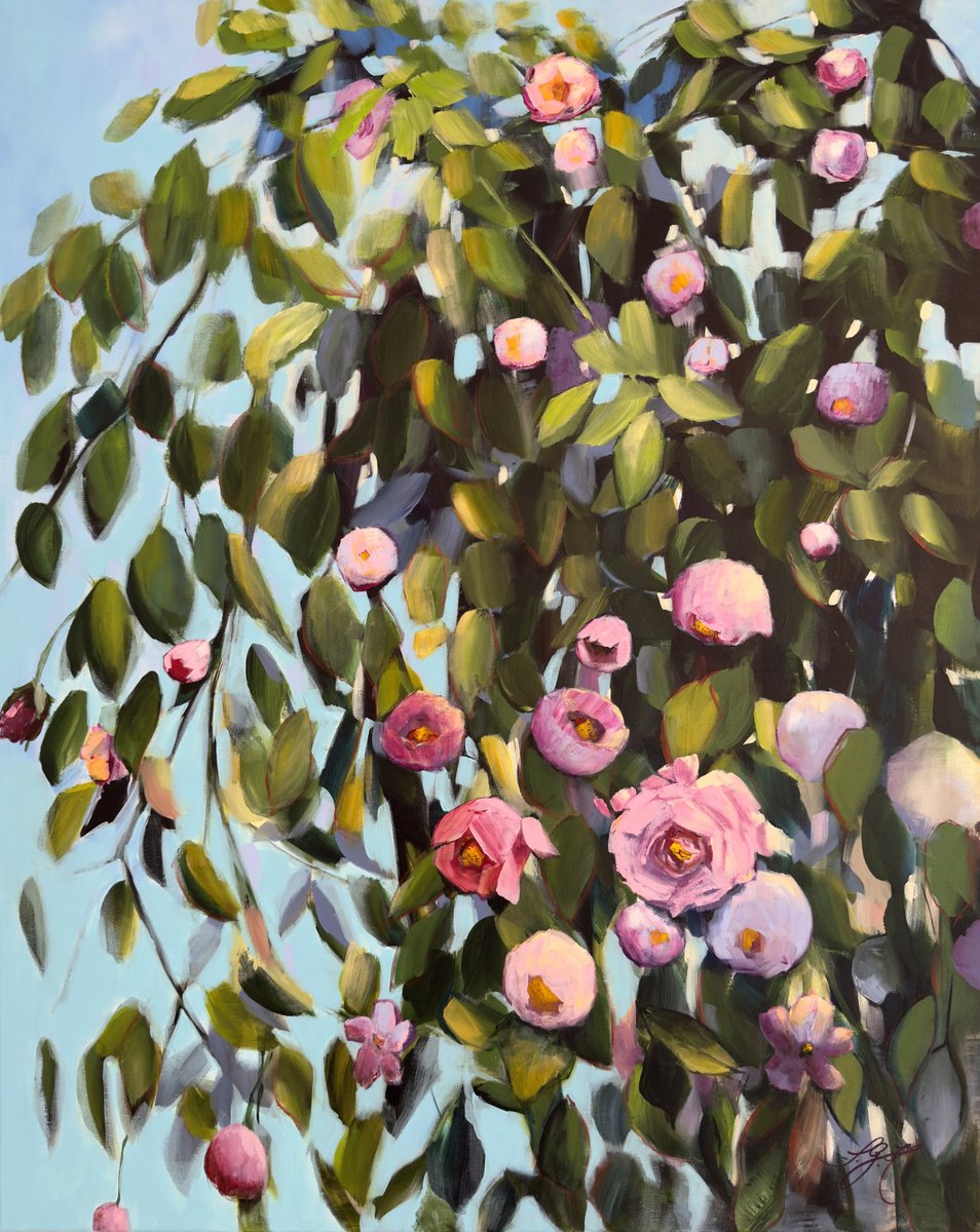Impressionistic Botanical Acrylic Painting By Sandra Gebhardt-Hoepfner, 31 X 39", Rose Parade, Original Artwork