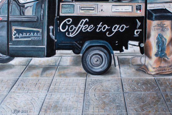 COFFEE TO GO by Vera Melnyk - (sityscape oil painting, Modern Home Decor, gift, New York Lovers, Wall Art, Barista, life style, coffee time)