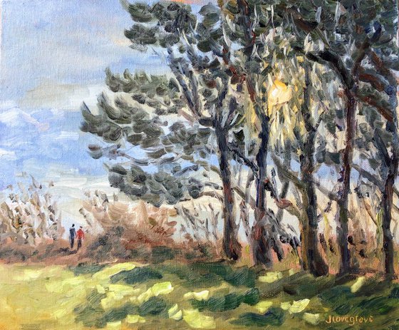 Sun behind the trees, a plein air oil painting.