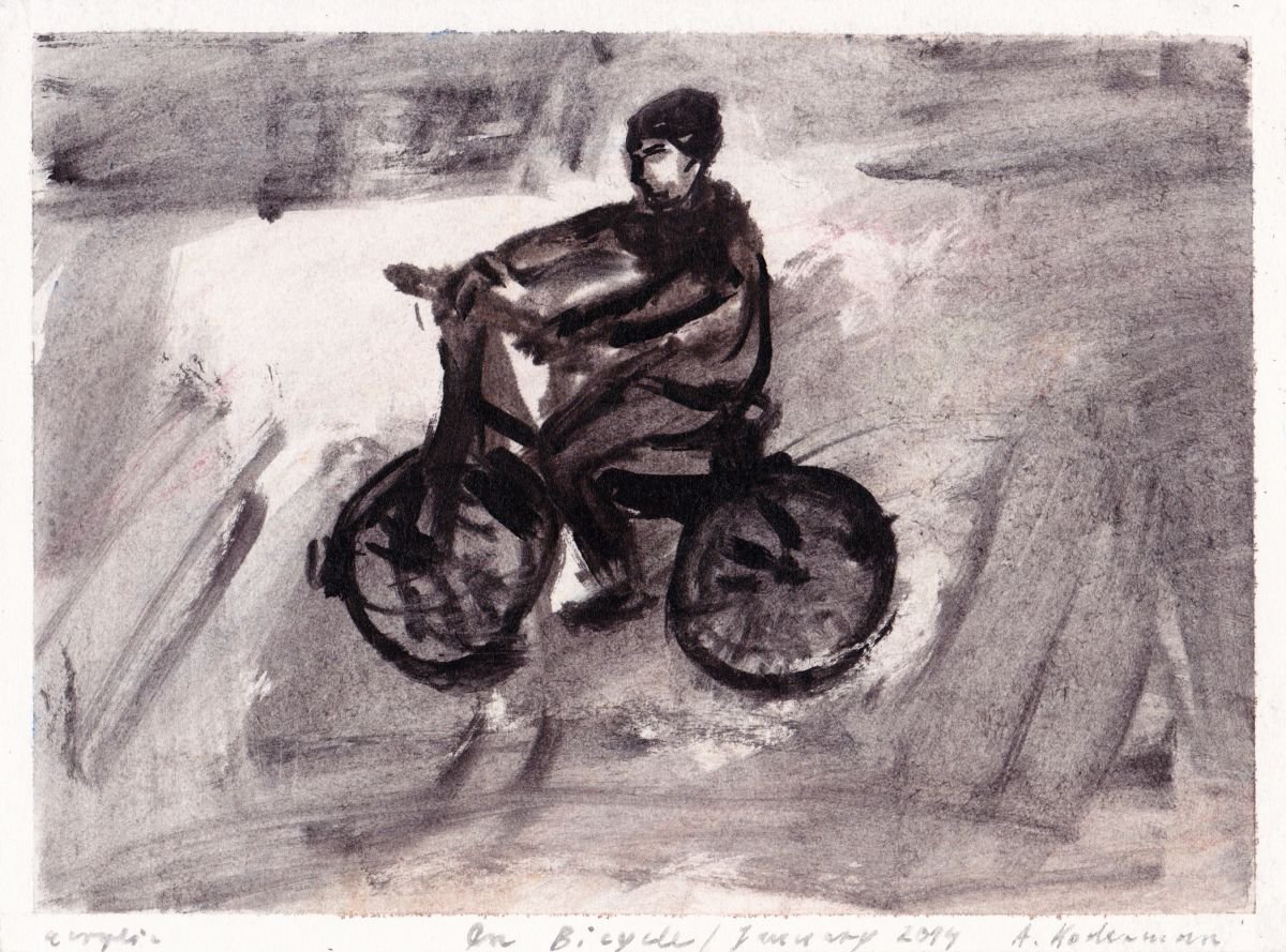 On Bicycle, January 2014, acrylic on paper by Alenka Koderman