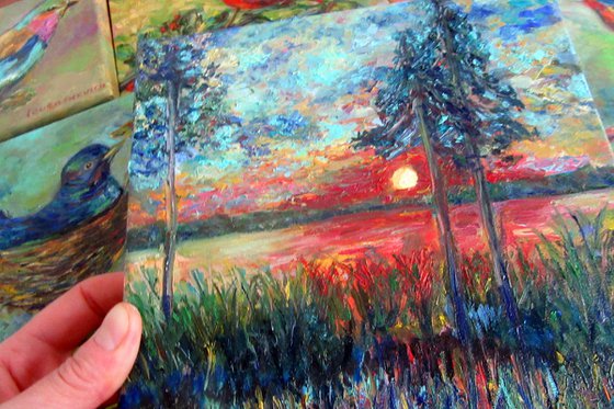 Sunset Oil on Canvas,Colorful Landscape Painting,Atmospheric Art,Farmhouse Bright Decor,Blush Sunlight in Magic Forest,Textured Brushstroke