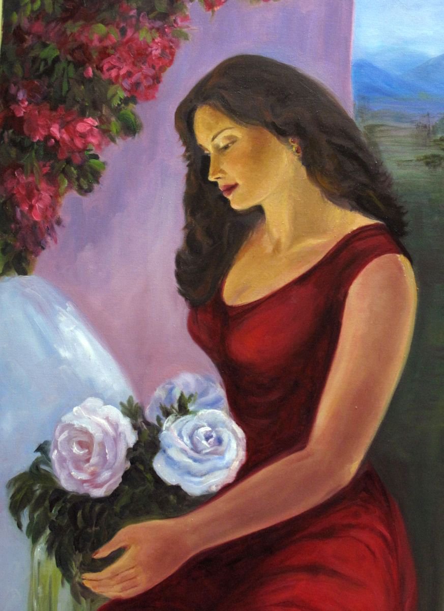 Woman - The Lady in red   Oil on canvas 24x 36 by Asha Shenoy