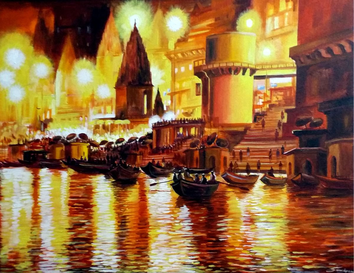 Photorealistic Cityscapes Acrylic Painting By Samiran Sarkar, 31 X 24", Night Light Varanasi Ghat, Original Artwork