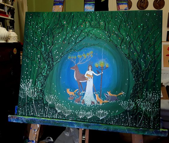 Bringers of Light - Goddess Painting - Mystical Art - Enchanted Forest - Woodland Animals - Pagan Art