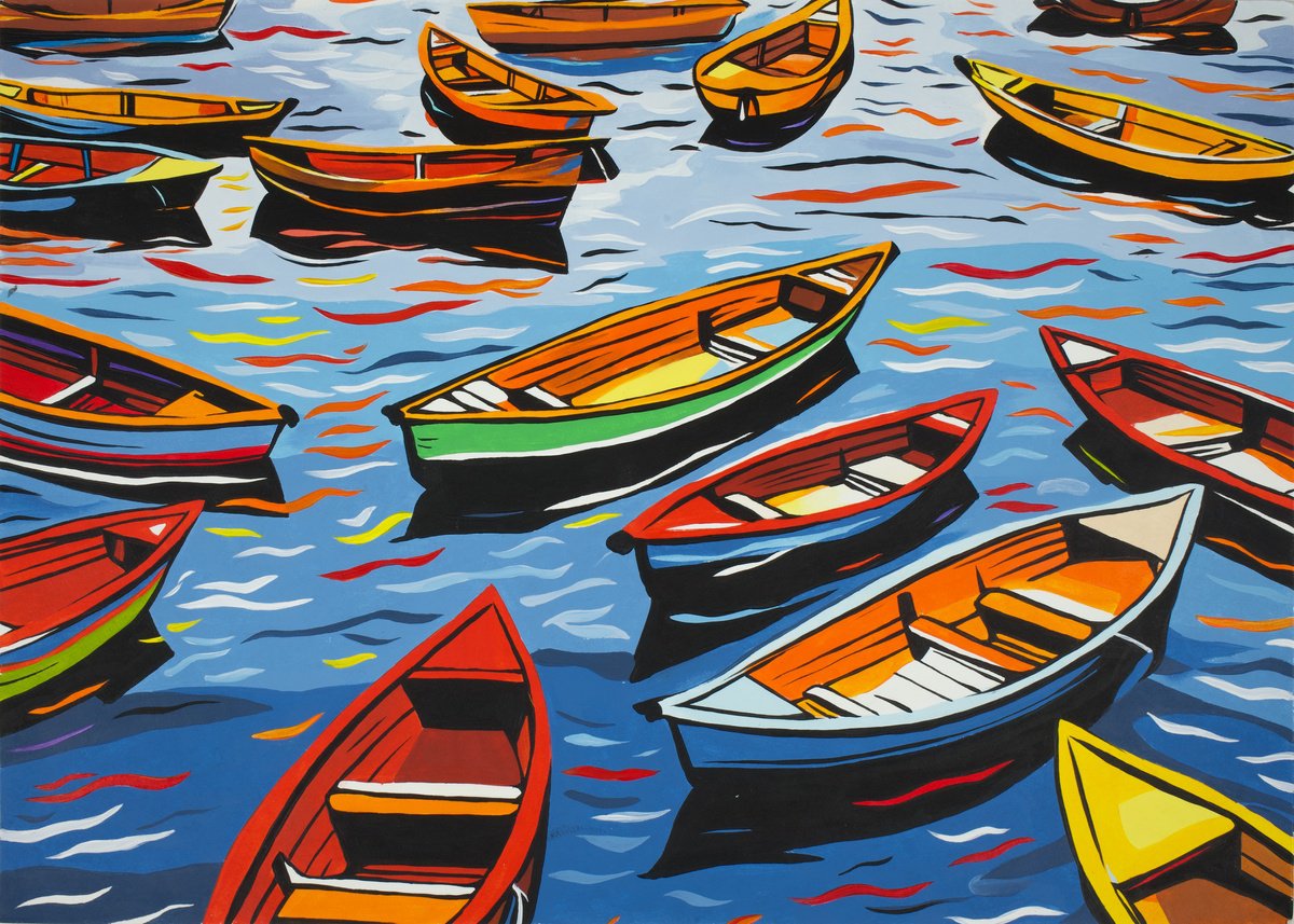 Illustrative Landscape Acrylic Painting By Kosta Morr, 17 X 12", Boats, Original Artwork