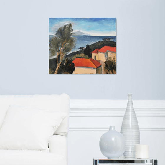 ITALY. THE SEA AND THE RED ROOFS - impressive landscape oil painting with green trees and Italian houses housewarming gift idea home decor
