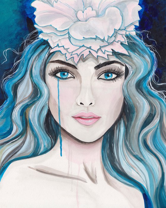 "Lady in blue" acrylic watercolor painting , wall art, interior art, pop art, stylish art ,woman, gift, dream, fashion illustration.